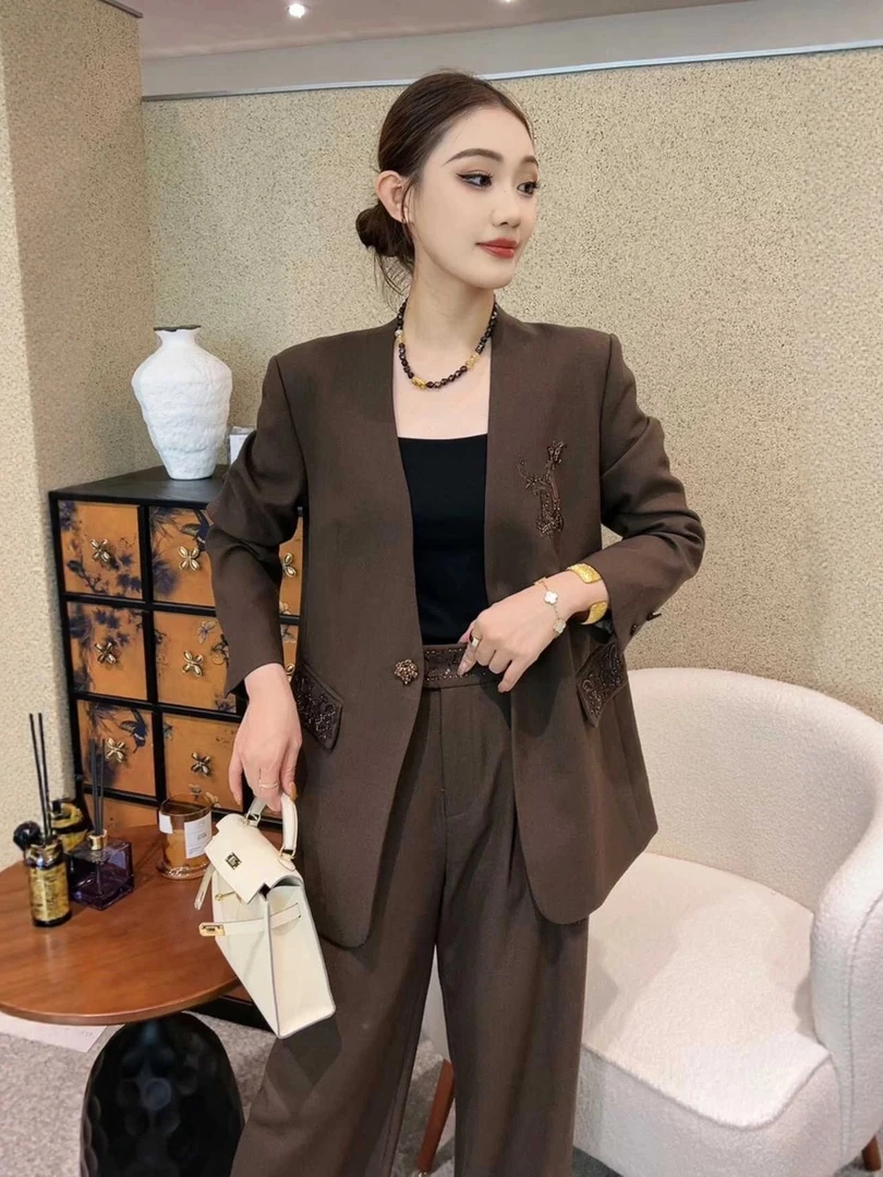 MZ雅+7033新款25秋瑞丽风时尚气质百搭显瘦西装外套+阔腿裤套装女