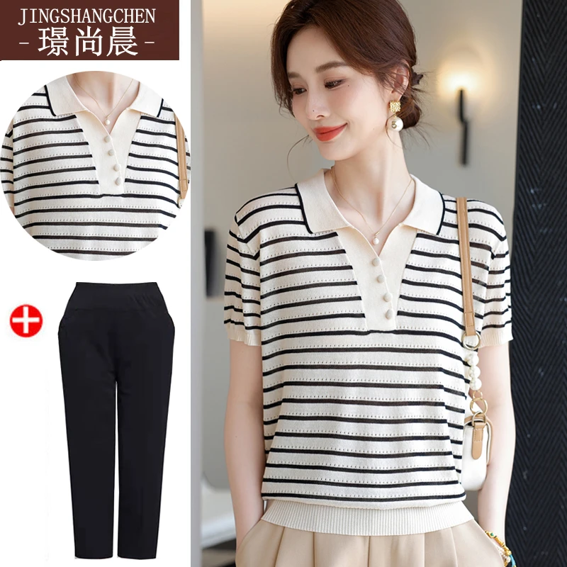 妈妈夏季冰丝短袖T恤条纹40-50岁洋气中老年女翻领休闲显瘦上衣服