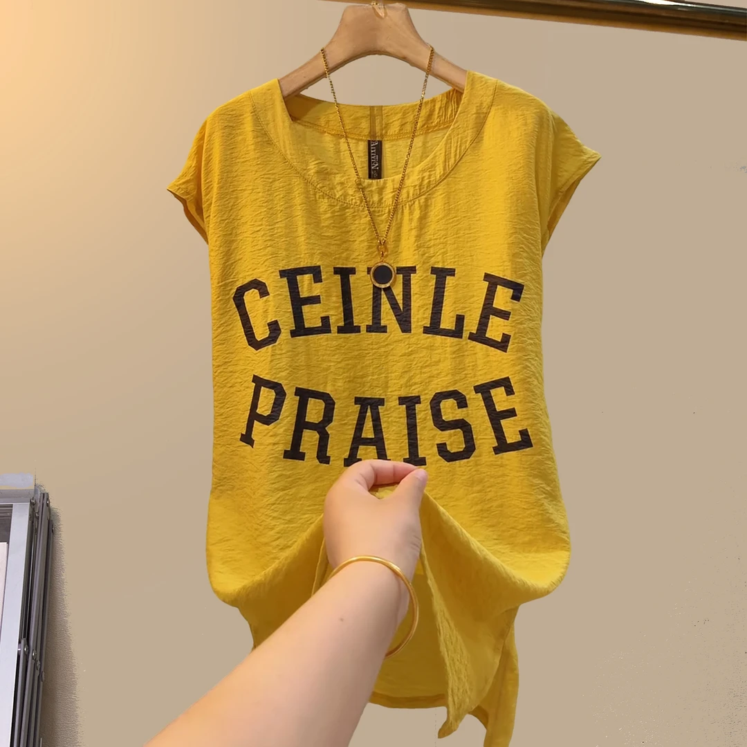 夏季大码女装胖妹妹黄色字母砍袖大版遮肉宽松显瘦洋气时尚上衣