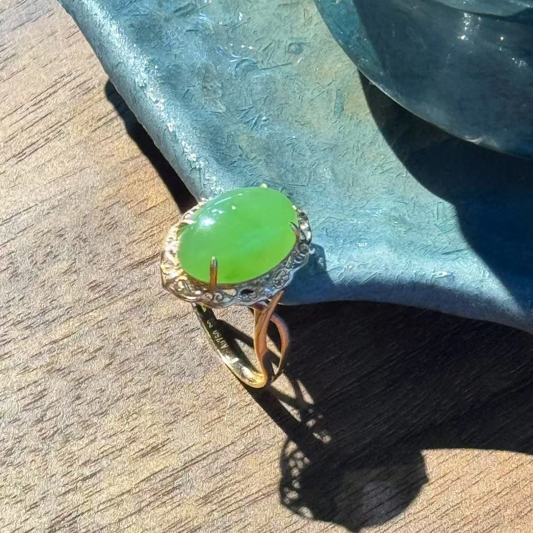 【鹿鸣】18金苹果绿蛋面戒指 D45 9*13mm 1155*