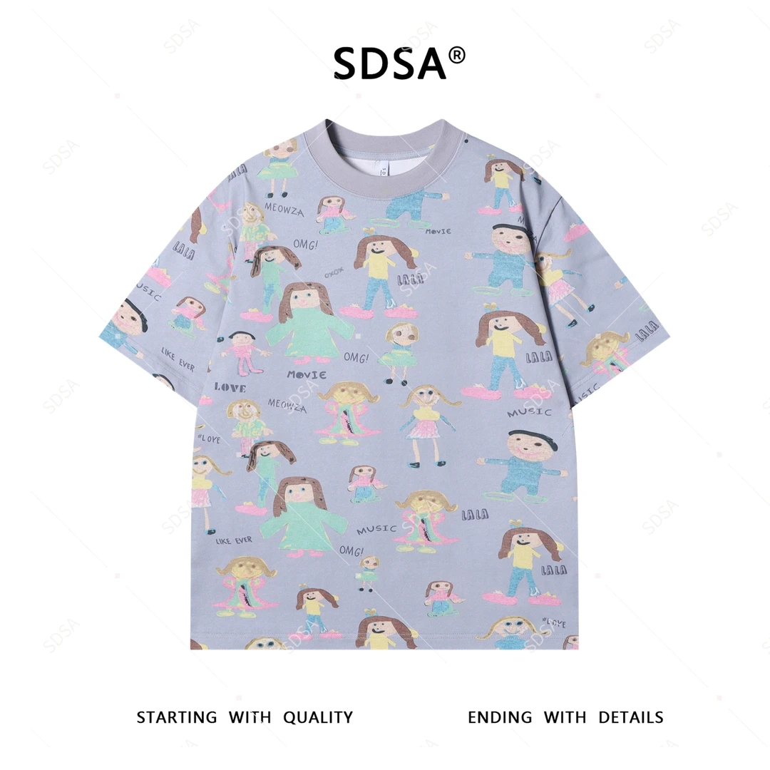 SDSA男士短袖t恤2025新款轻痞帅男装卡通字母印花圆领上衣慵懒风