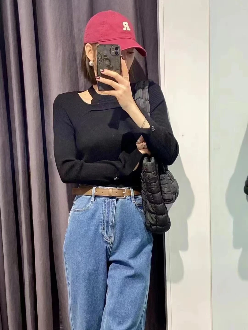 镂空锁骨套头衫（不含配饰}-0289