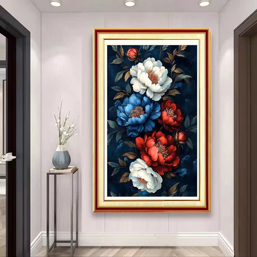 彩色牡丹花十字绣竖版屏风玄关图2025年新款十字绣花开富春刺绣