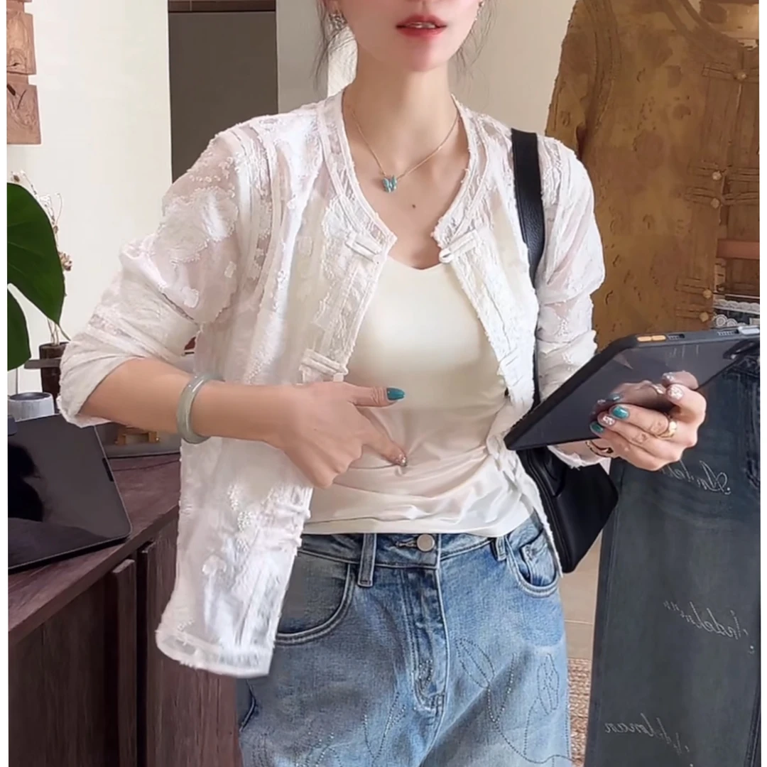 2025春季新款新中式盘扣长袖上衣百搭高档衬衫开衫薄外套女时尚