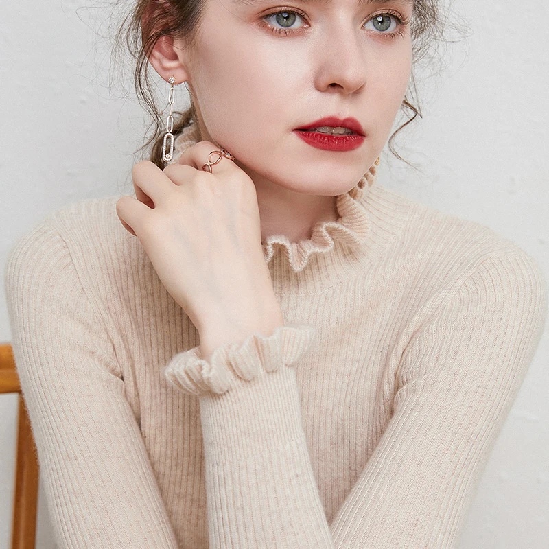 木耳花边半高领羊毛衫女套头毛衣短款秋冬加厚修身针织打底衫显瘦