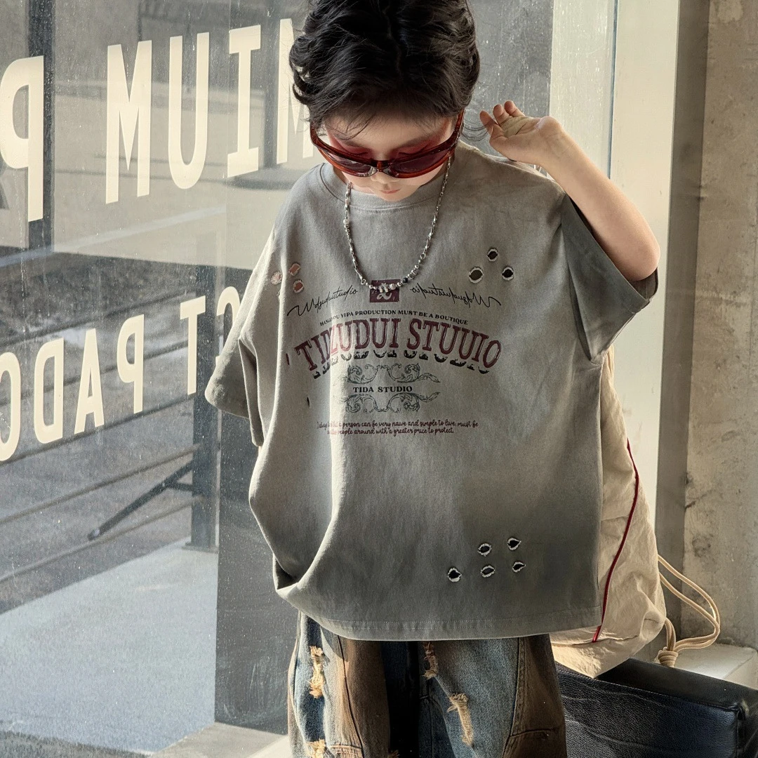 【短袖】童装儿童T恤男童短袖喷染破洞美式复古上衣2025年夏季洋气