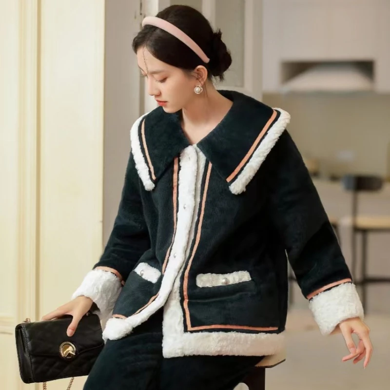 9006冬季加厚加绒保暖睡衣套装时尚洋气家居服套装秋冬