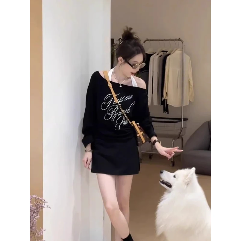 芯娇晴假两件黑色拼接一字领长袖t恤女早秋季设计感高级小众上衣