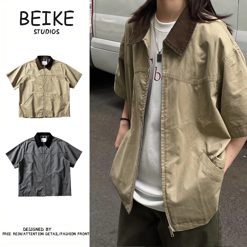 两件装/单件美式翻领短袖ins衬衫男女情侣休闲男装痞帅宽松上衣