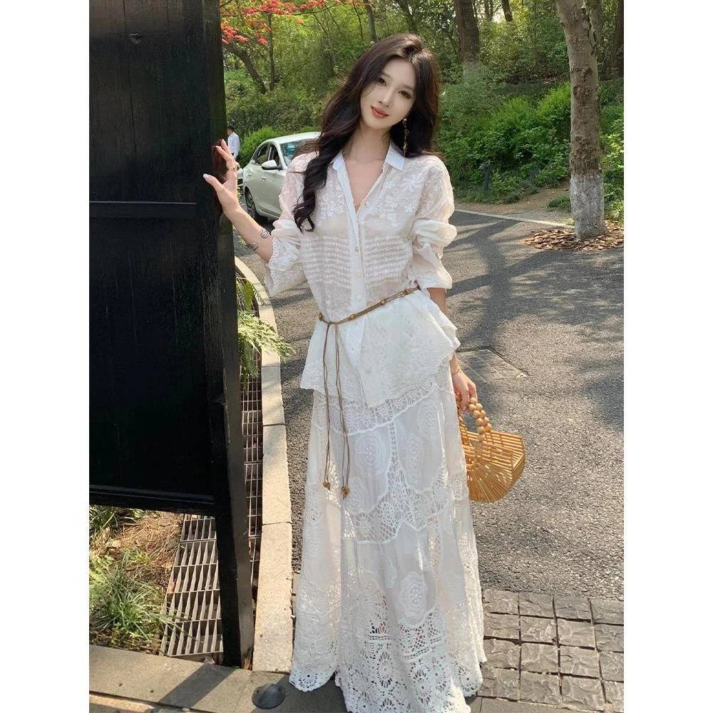 早秋绝美穿搭法式名媛气质女神范高级感蕾丝白色衬衫连衣裙套装女