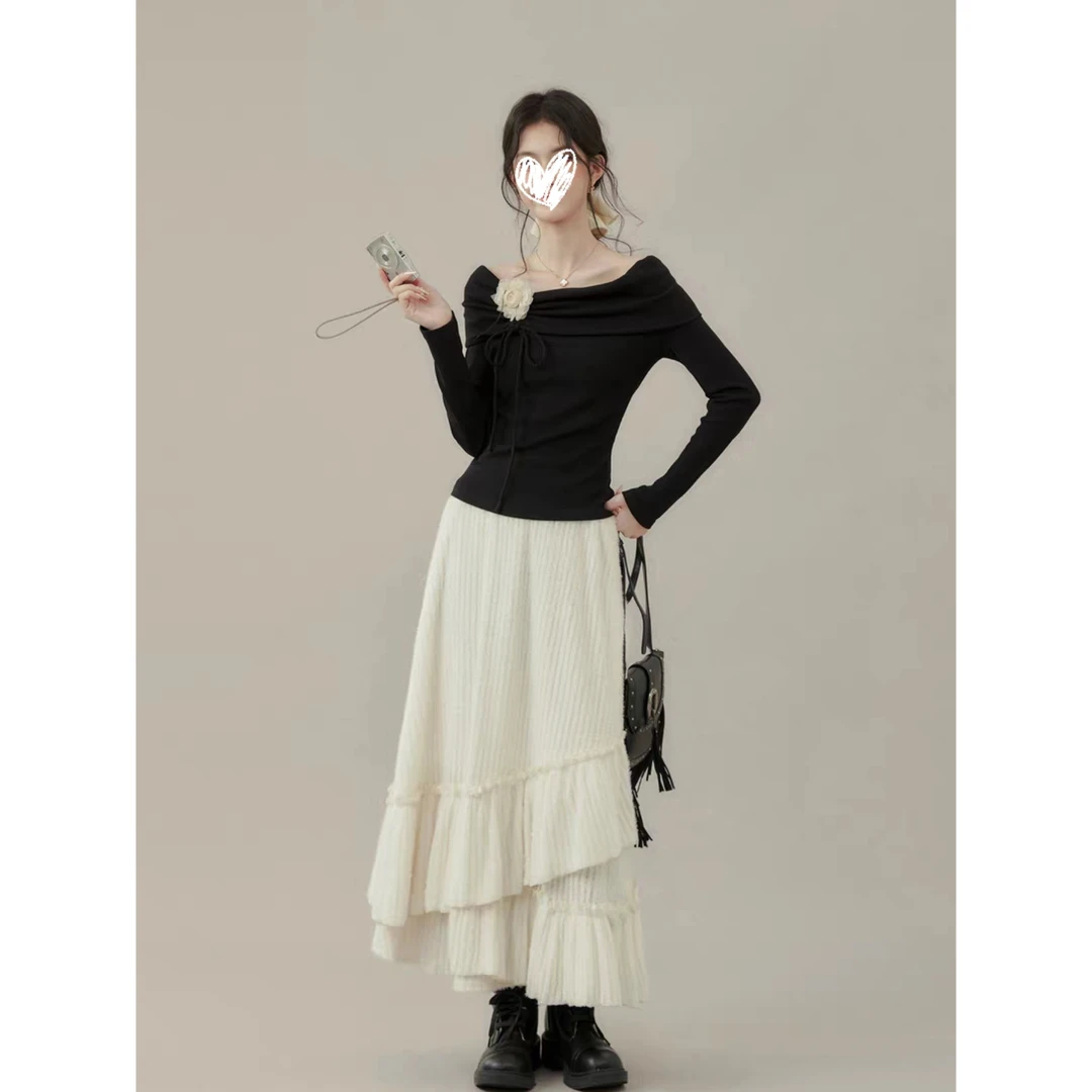 Y5380 流光琥珀云秋冬温柔系少女小设计上衣~不规则半身裙套装