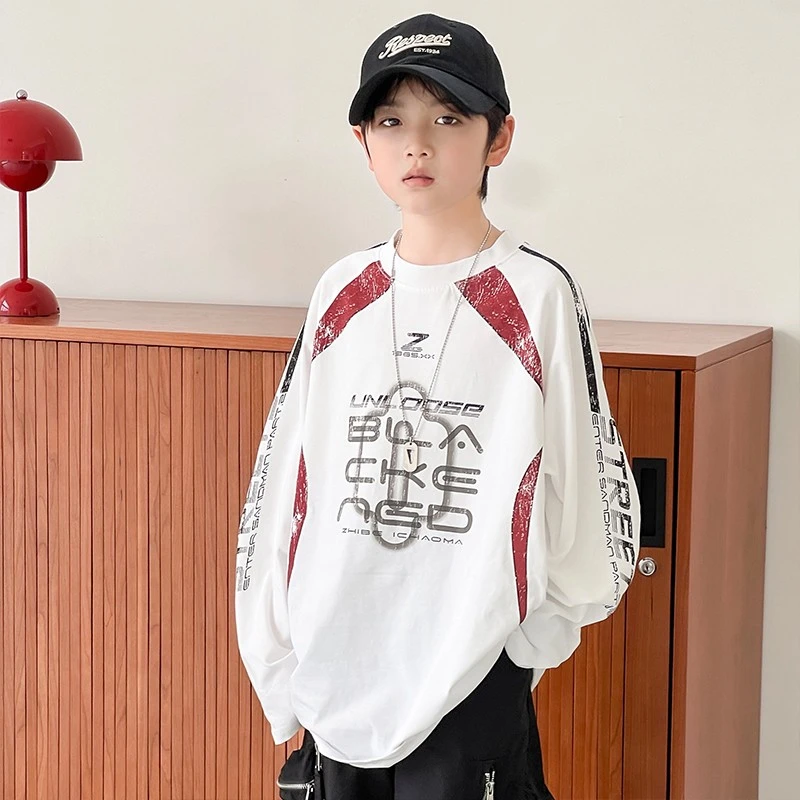 Y8584爆裂个性字母印花儿童春款长袖白T恤百搭上衣男童圆领打底衫