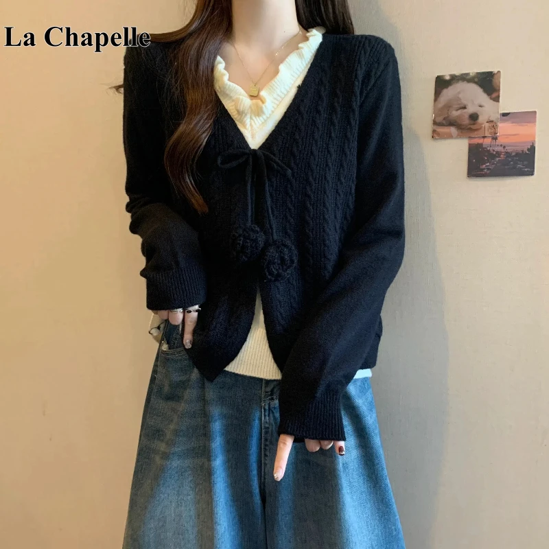 拉夏贝尔秋冬法式绿色假两件V领针织衫上衣大码女装胖mm毛衣内搭