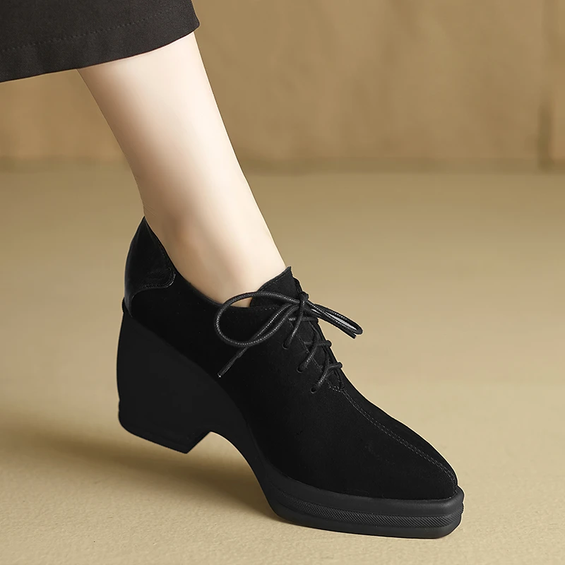 小个子增高9.5cm~新款坡跟单鞋女厚底拼接系带乐福鞋防水台高跟鞋