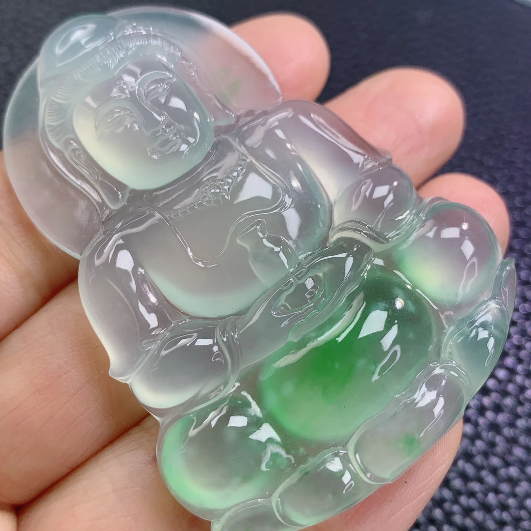 天然缅甸A货翡翠高冰起胶观音吊坠冰透飘绿雕刻精美通透