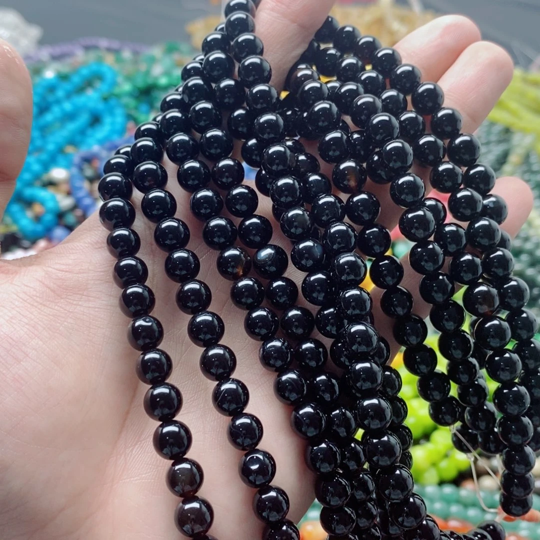 玛瑙/玉髓未镶嵌珠宝半成品一条天然8mm黑玛瑙圆珠A级