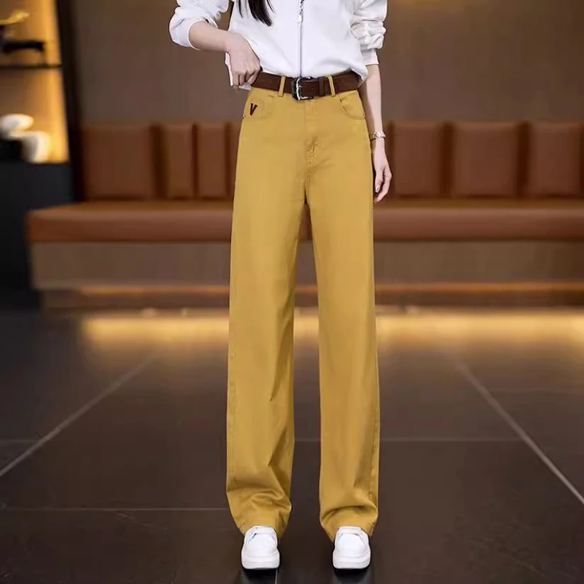 高级感黄色牛仔阔腿裤女春秋2025新款高腰宽松垂感窄版直筒休闲裤