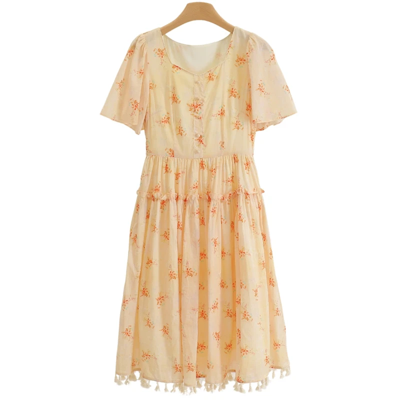 F649-【作】田园风碎花修身流苏木耳边连衣裙#RXZ56L007