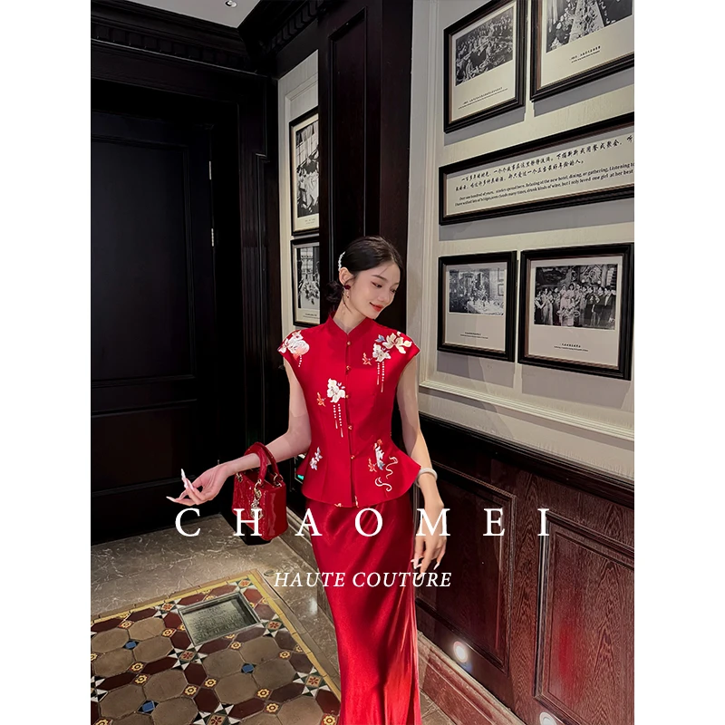 冯（CHAOMEI【红鸾】国风新中式女装西瓜红订婚礼服缎面马甲人丝半裙