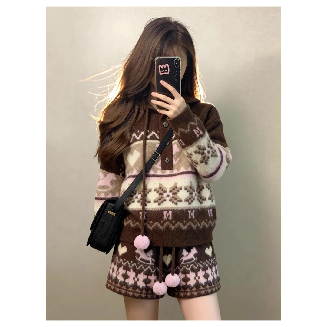 超好看冬装一整套韩系小香风咖色费尔岛印花针织衫毛衣套装短裤女