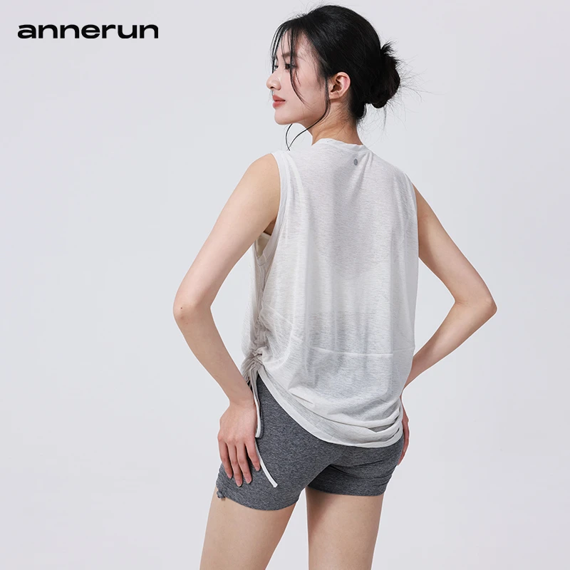 annerun透气瑜伽背心女宽松圆领无袖运动上衣下摆抽绳瑜伽服罩衫