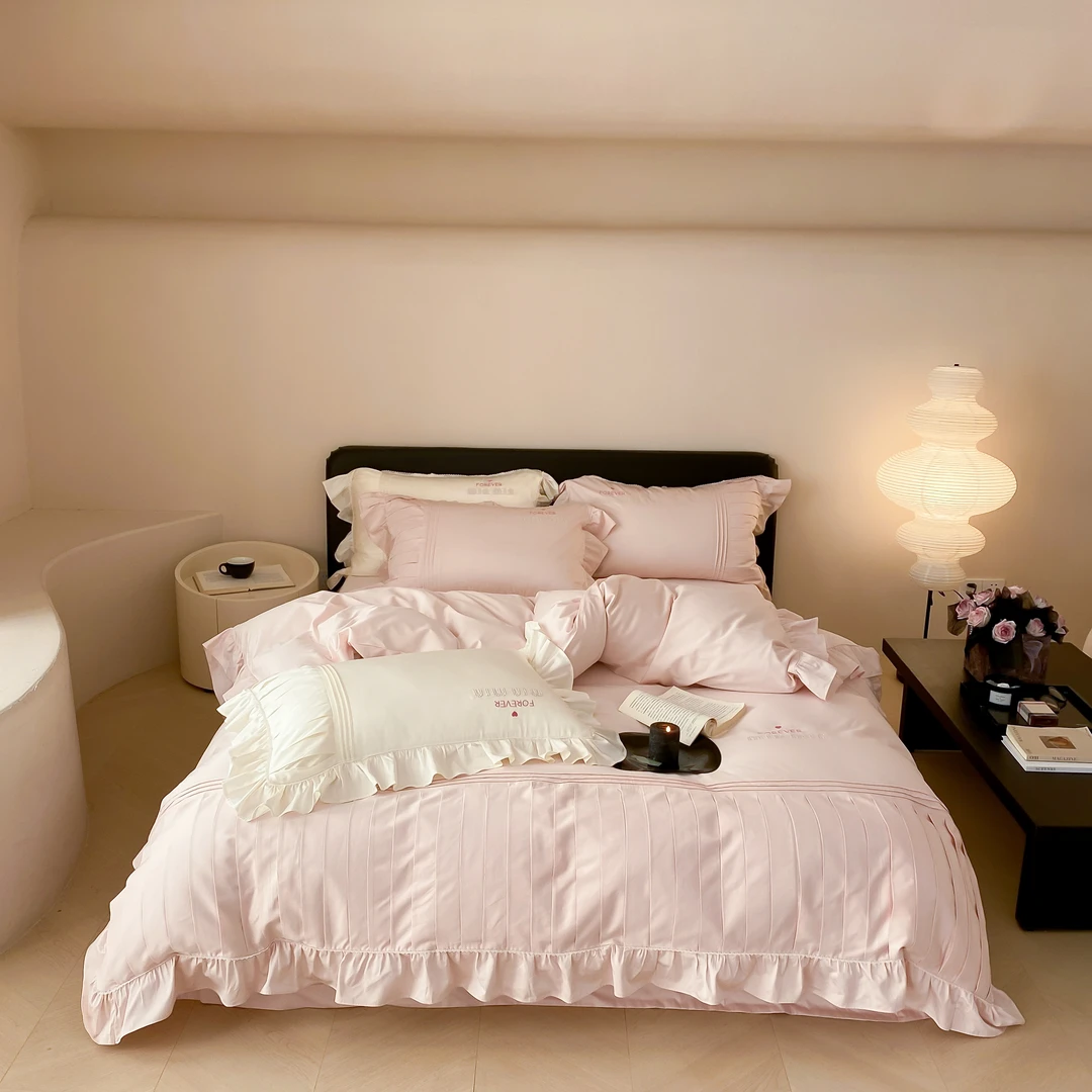 柔丝宇【缪缪】全棉新款轻奢高端四件套公主风长绒棉被套纯色床单