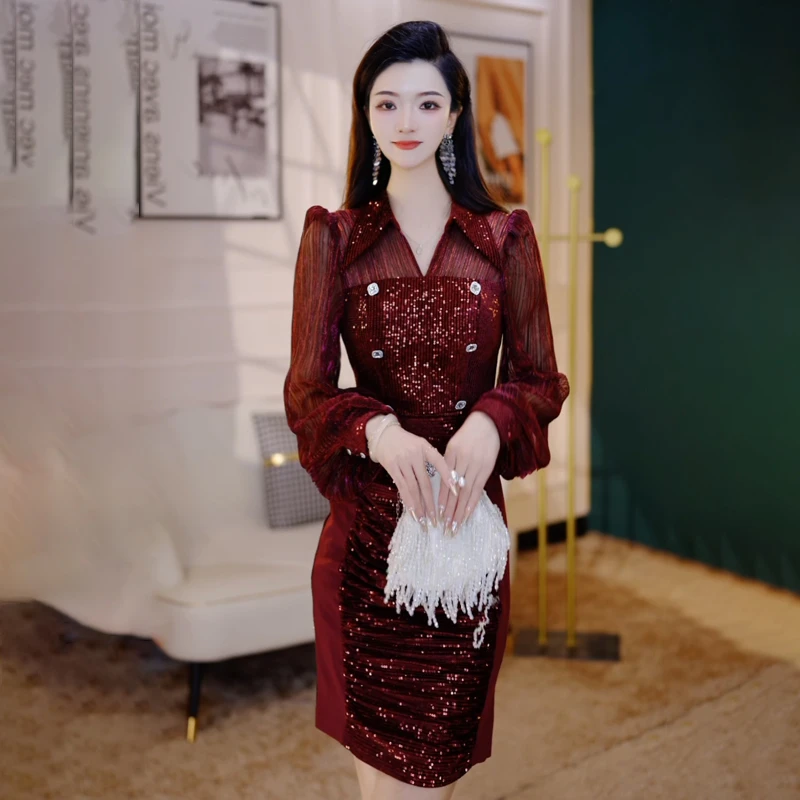 秋季新款气质名媛宴会礼服裙包臀显瘦轻奢洋气长袖亮片连衣裙1716