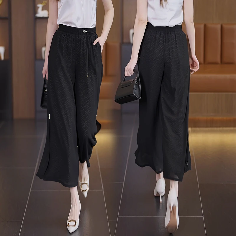 拉夏贝尔黑色雪纺开叉阔腿裤夏季2025新款爆款裙裤小个子九分女裤
