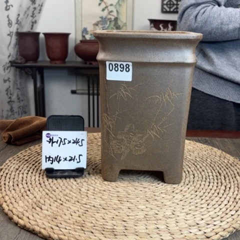 紫砂花盆柴烧黑竹节签筒0898