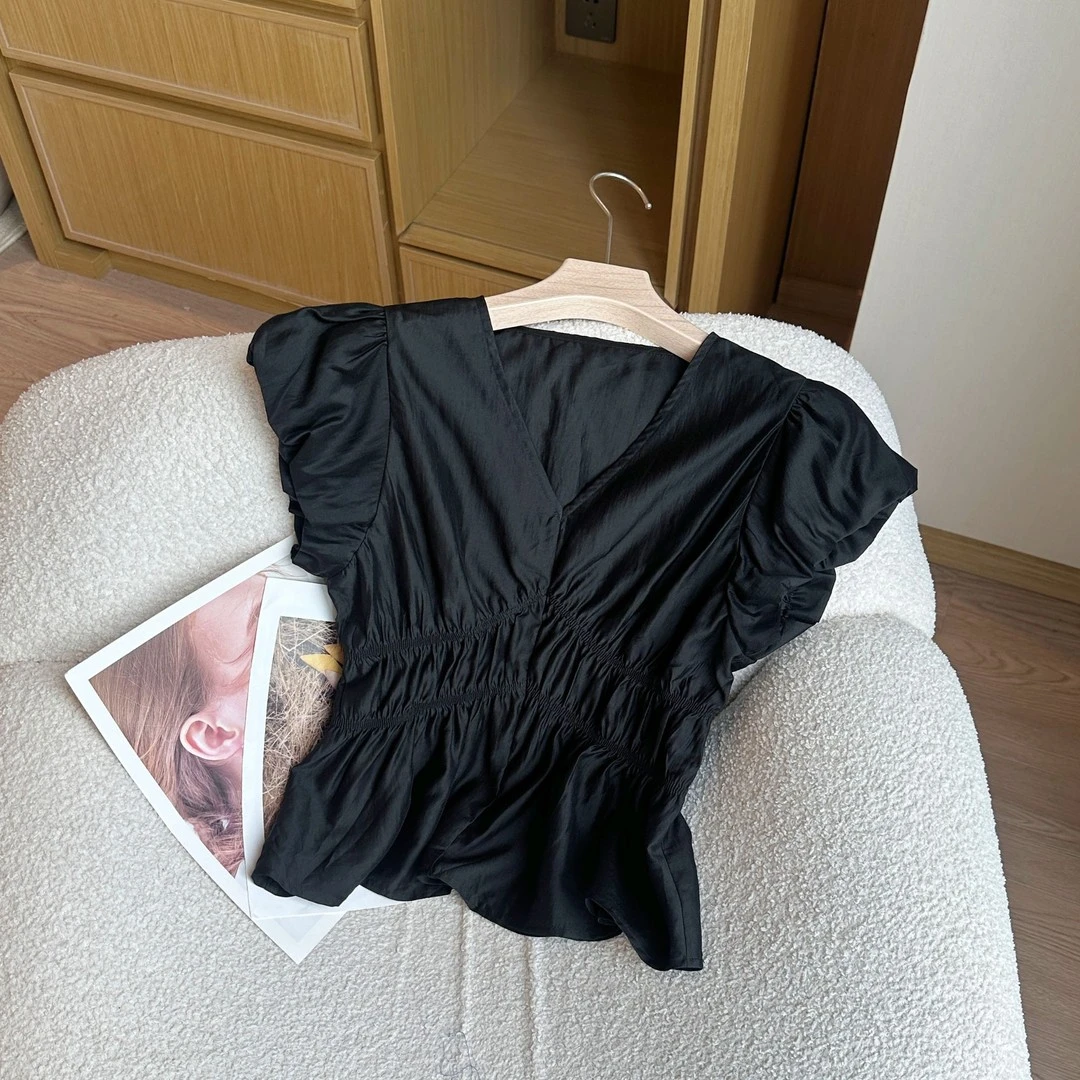 夏季韩版纯色短款褶皱收腰V领小衫上衣百搭时尚减龄修身女66201