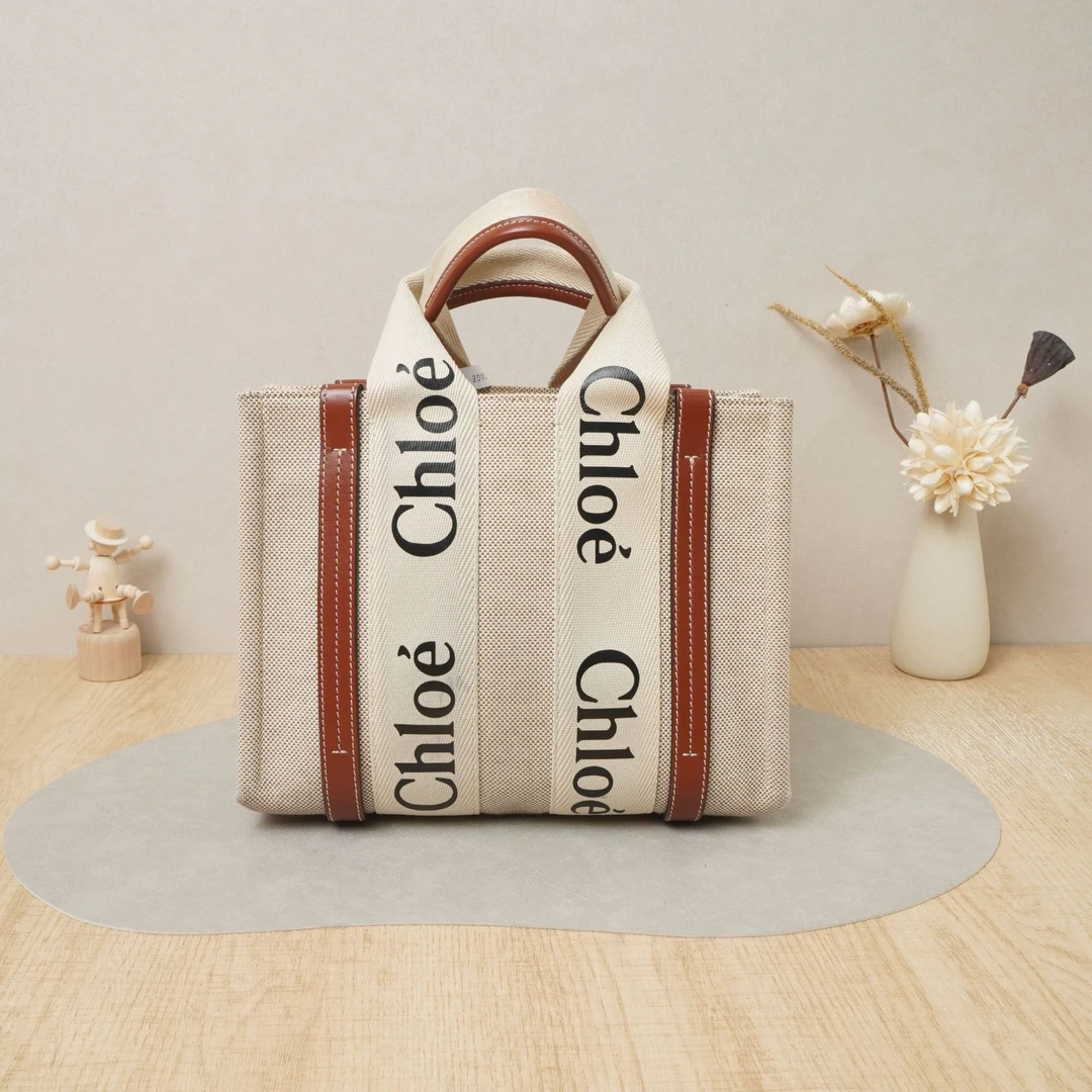 95新 Chloe/蔻依 蔻依woody托特小号米色帆布/ DS039610