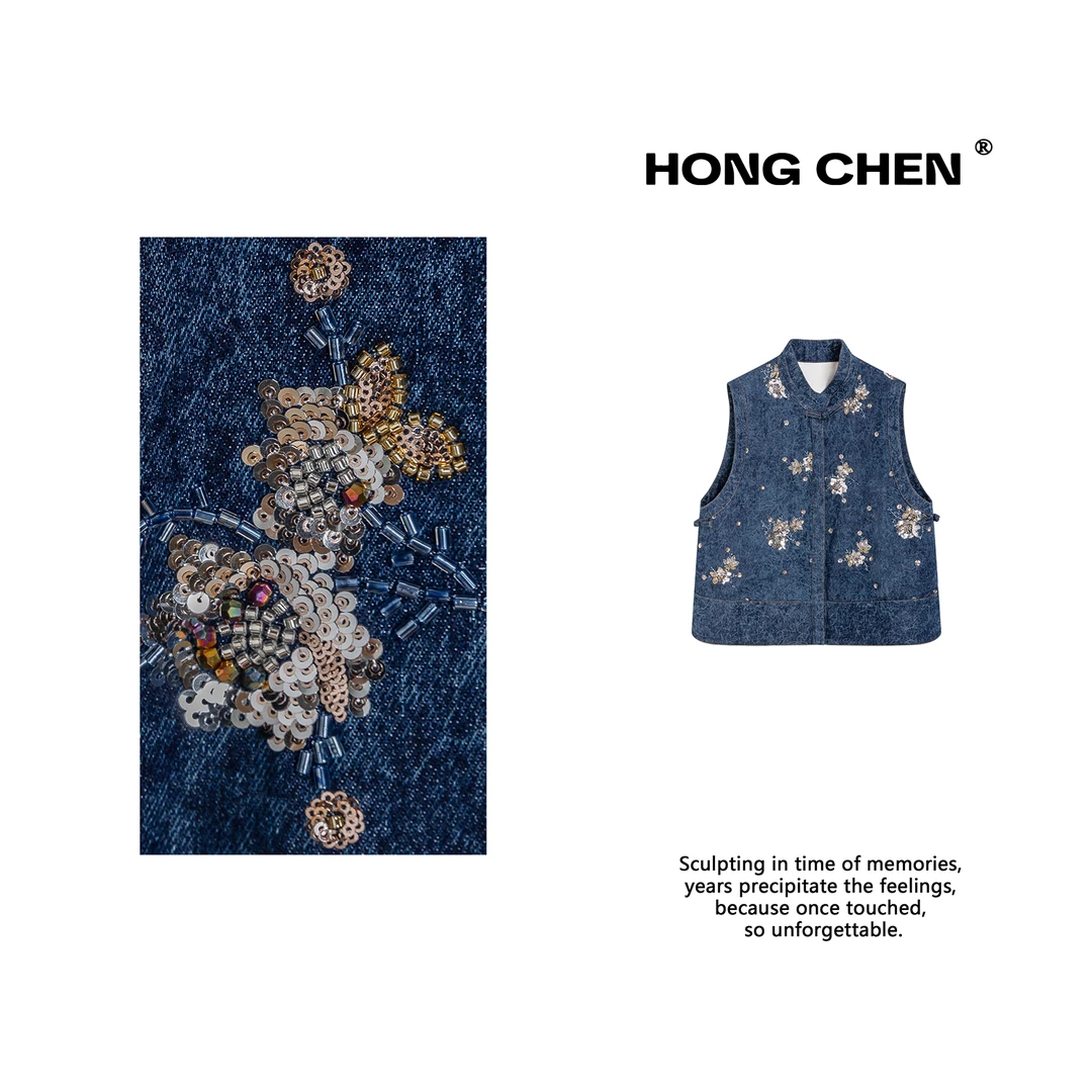 【虹辰】高端时尚复古盘扣时尚撞色钉珠百搭高级感气质马夹--HC2855