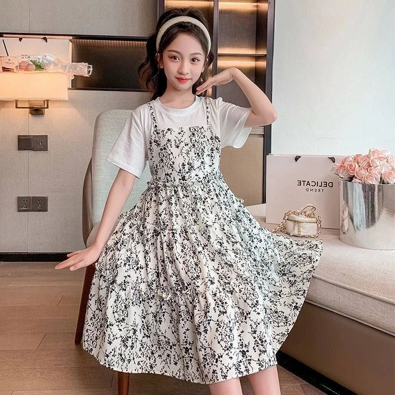 潮香风洋气甜美薄荷连衣裙女童中大童2025曼波假两件小裙子儿童