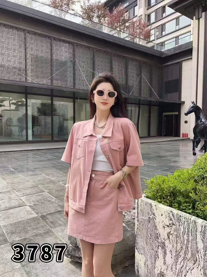 小两口甜气质短袖网红牛仔半身裙两件套3787