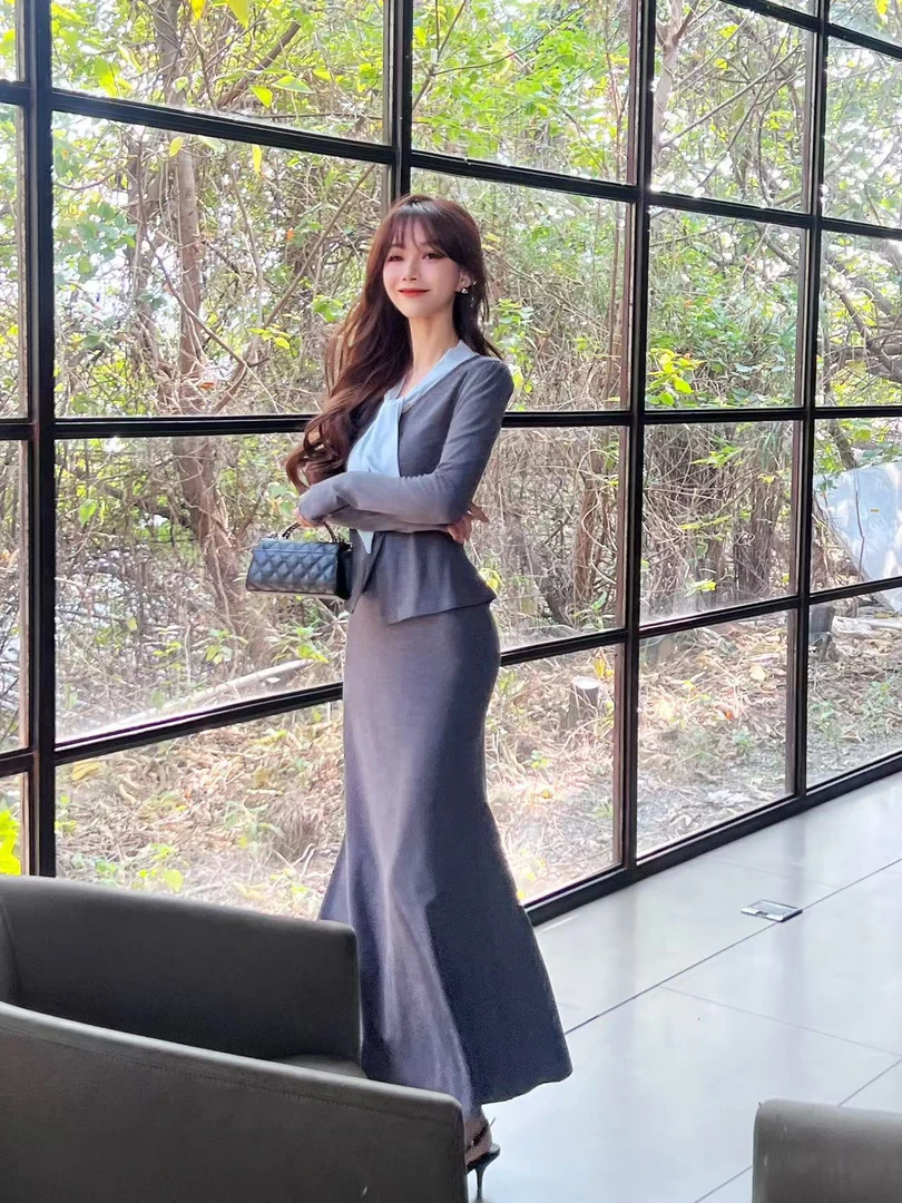 《莱斯特小姐》撞色飘带针织开衫➕鱼尾半身裙两件套