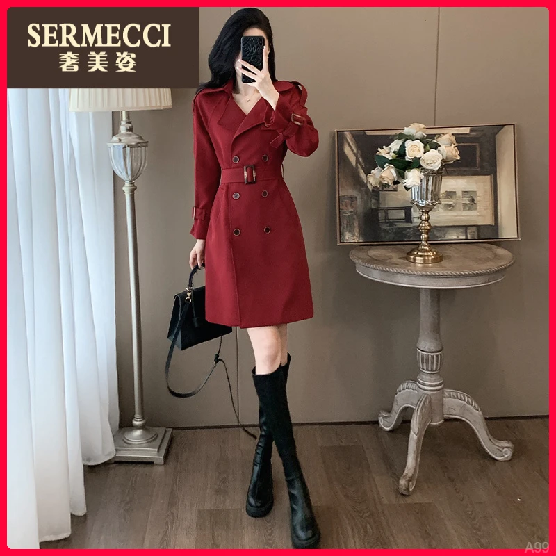 初春新款轻奢高级感红色风衣连衣裙女秋季小众小个子时髦西装外套
