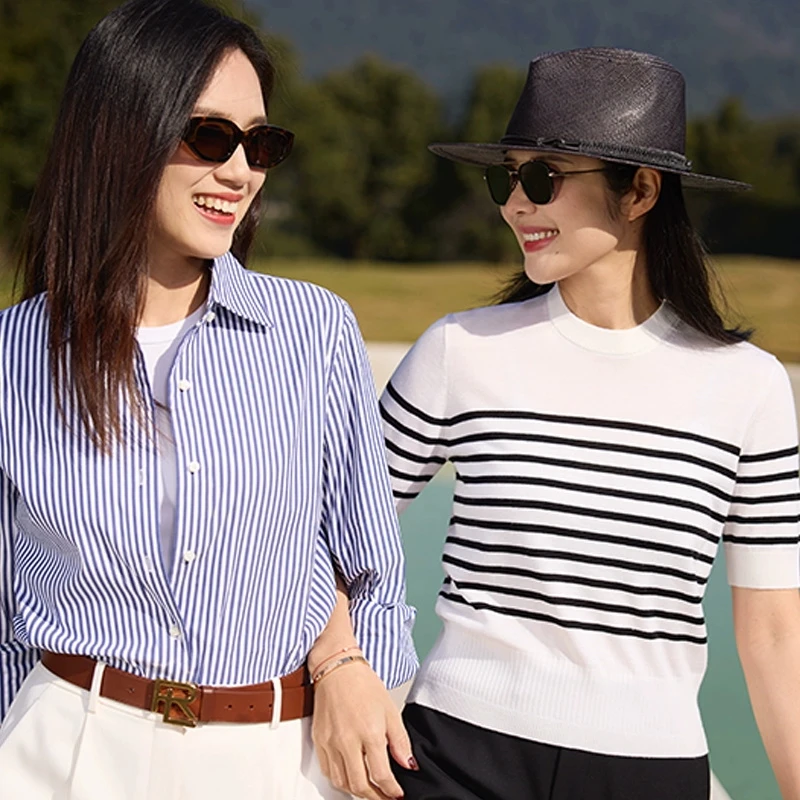 COLINWANG-地中海假日|奢牌进口羊毛真丝海军风条纹针织衫短袖