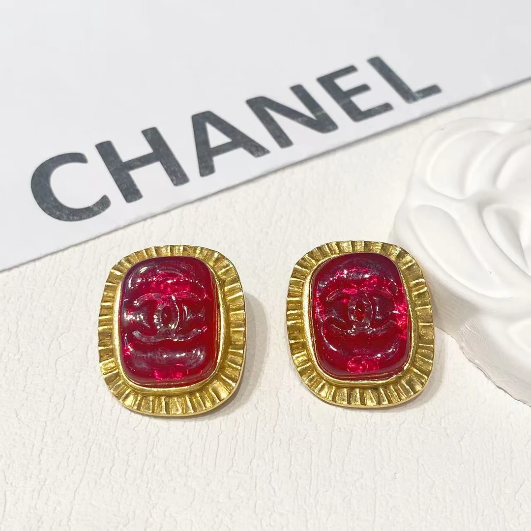 95新 Chanel/香奈儿 中古印章红琉璃双C耳夹/CJ54125
