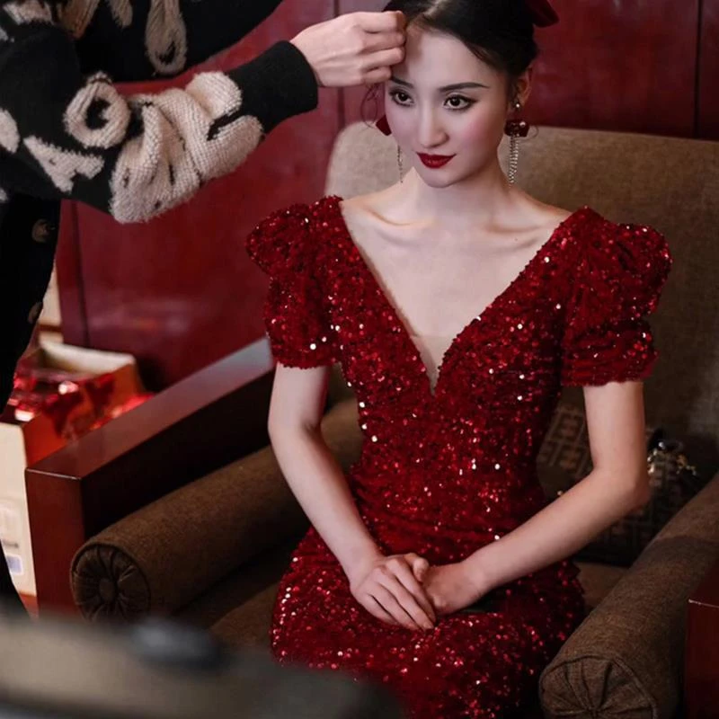 2025新鱼尾敬酒服2025春秋酒红色亮片结婚宴长裙女高级感气质年会