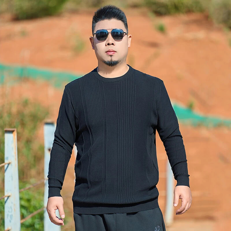 法犀卡大码男装纯色圆领毛衣胖子加大男士休闲提花打底套头针织衫