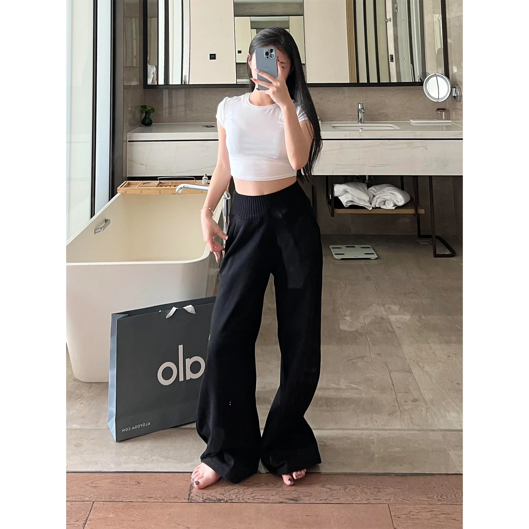 秋冬新款垂坠感圆领超收腰弹力短袖上衣立体剪裁弯刀直筒阔腿裤女