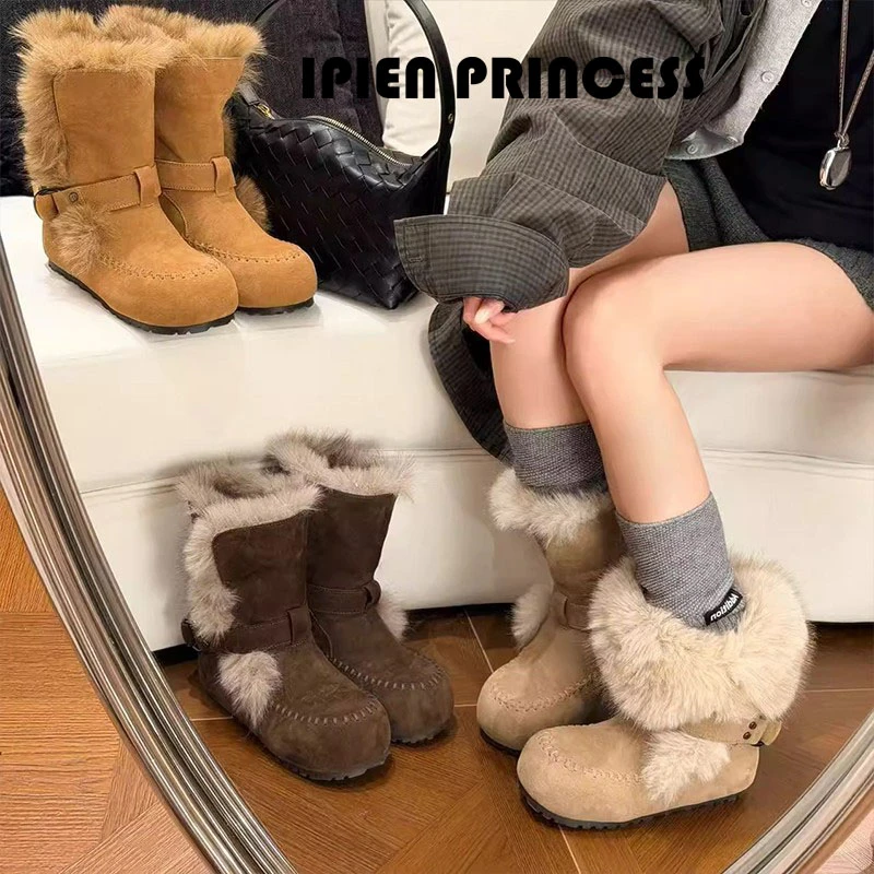 毛绒厚底雪地靴女款2025冬季新款保暖加绒加厚棉鞋短靴翻边毛毛靴