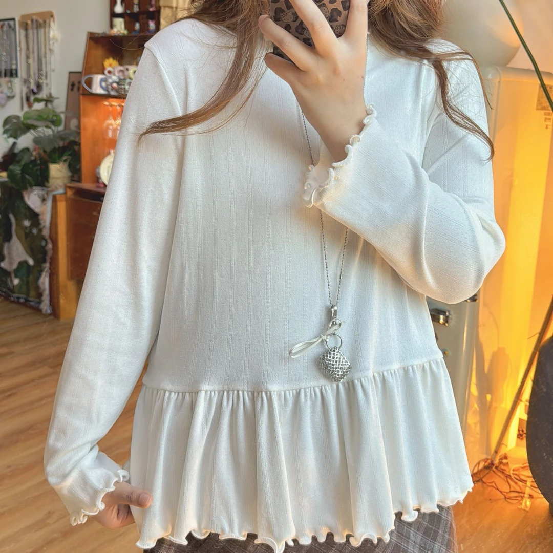 秋冬新款修身型宽松型长袖外穿荷叶边打底T恤秋冬韩版百搭1021