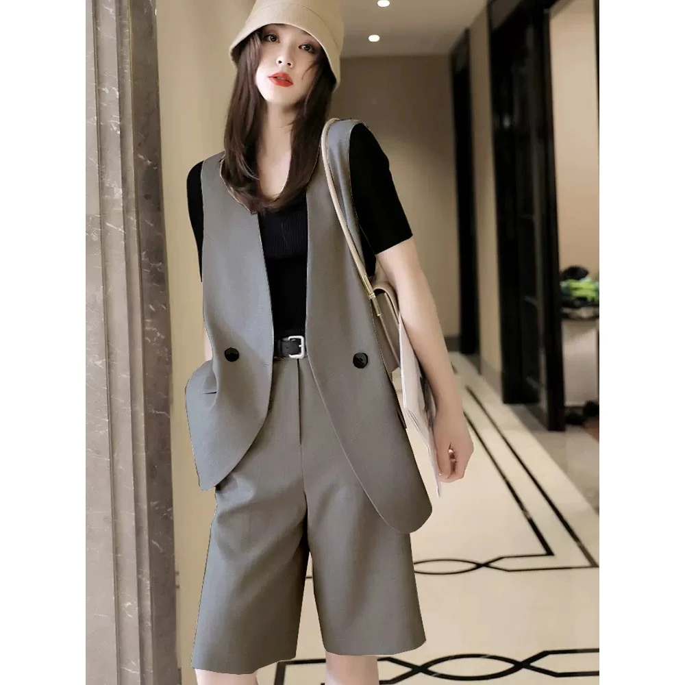 西装马甲套装女2025春秋夏季中国风遮肉显瘦短裤两件套2188