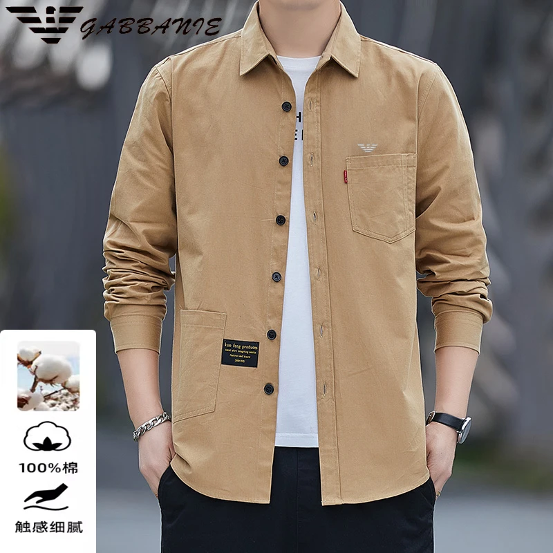 专柜正品轻奢男士春秋纯棉衬衫新款工装宽松长袖外穿翻领衬衣外套