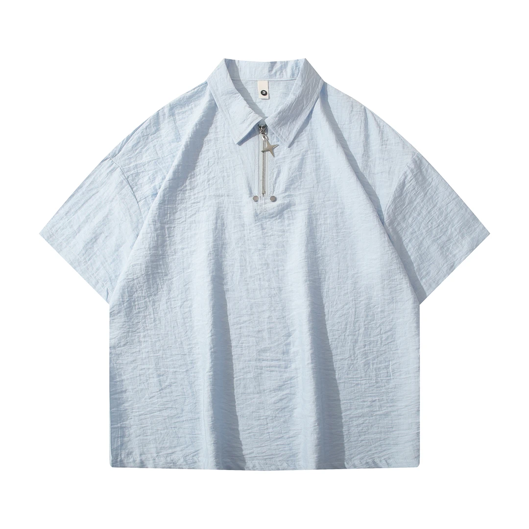 冰感天丝莱赛尔褶皱简约短袖Polo衫男士夏季休闲宽松半袖t恤上衣