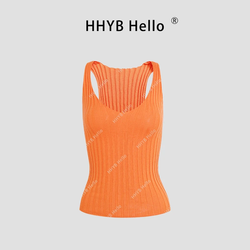 HHYB Hello2025春夏新款v性感弹力针织背心坑条肌理吊带上衣M1104