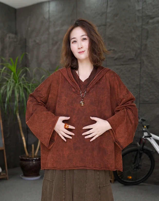 静奢风连帽落肩袖套头不起球卫衣时尚针织百搭宽松文艺民族风