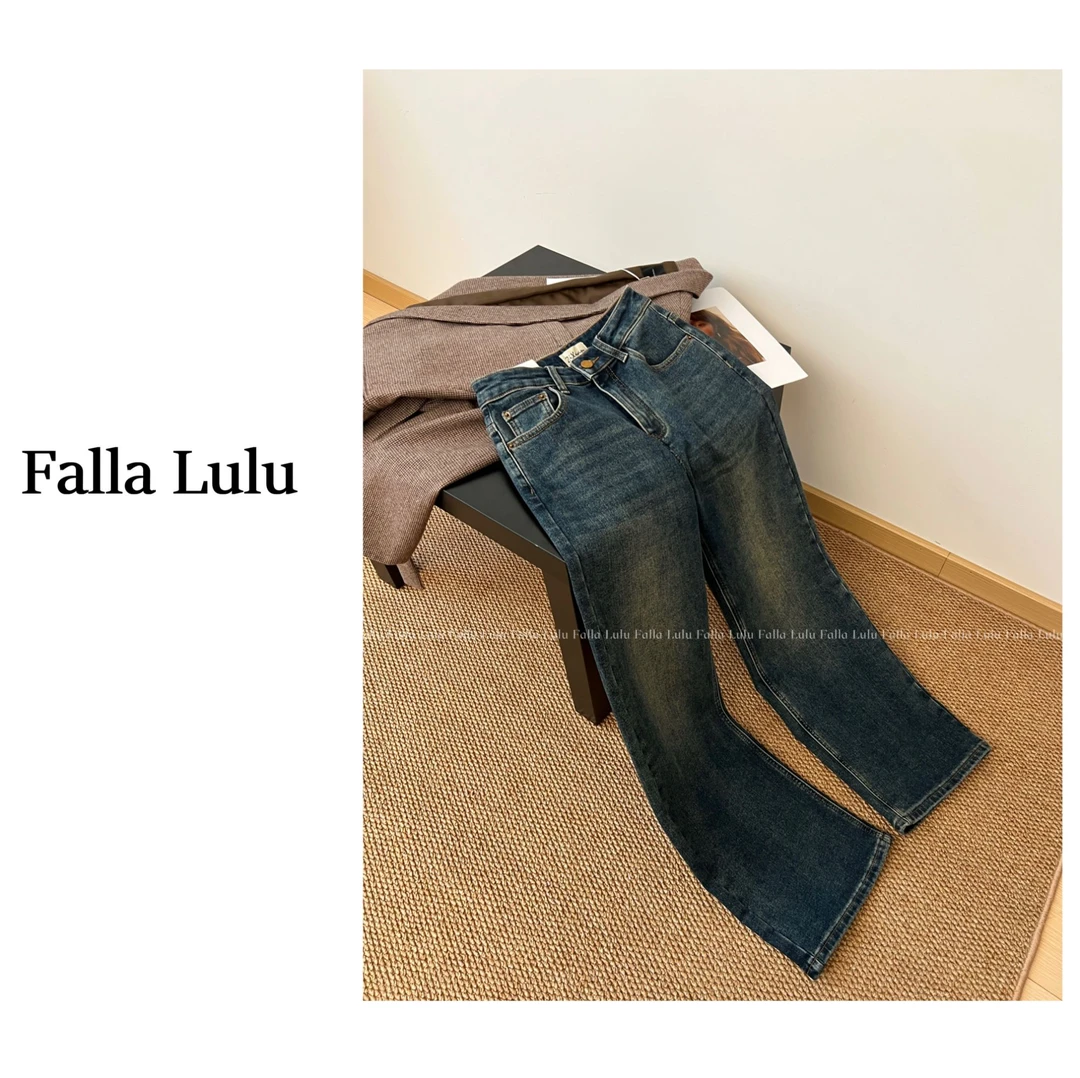 @英子家 / 高品单 磨毛复古蓝秋冬保暖窄版阔腿牛仔裤 C1975