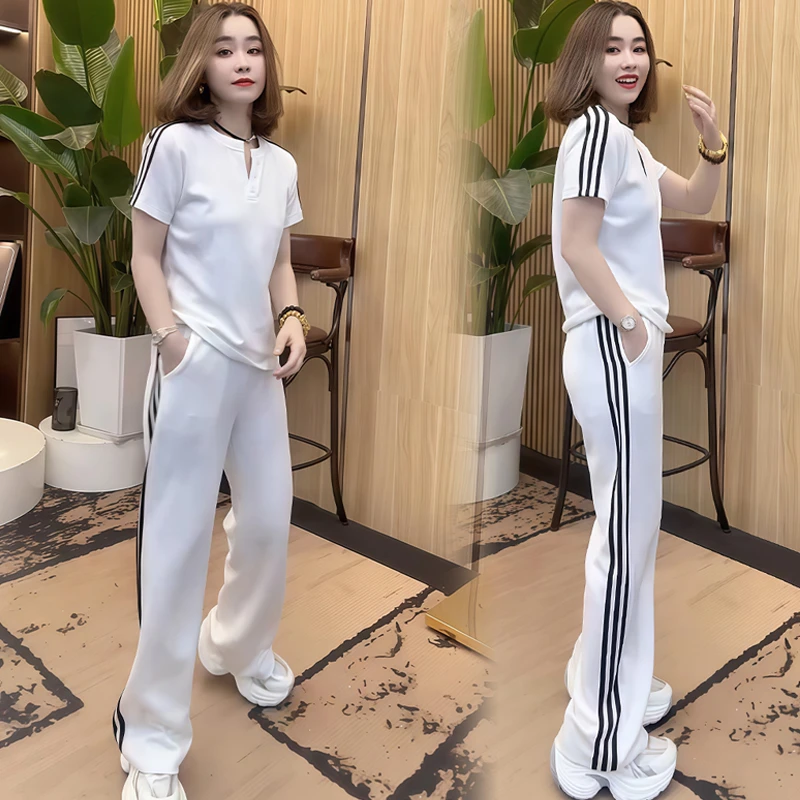 休闲简约运动服条纹拼接套装女2025夏季新款显瘦上衣阔腿裤两件套